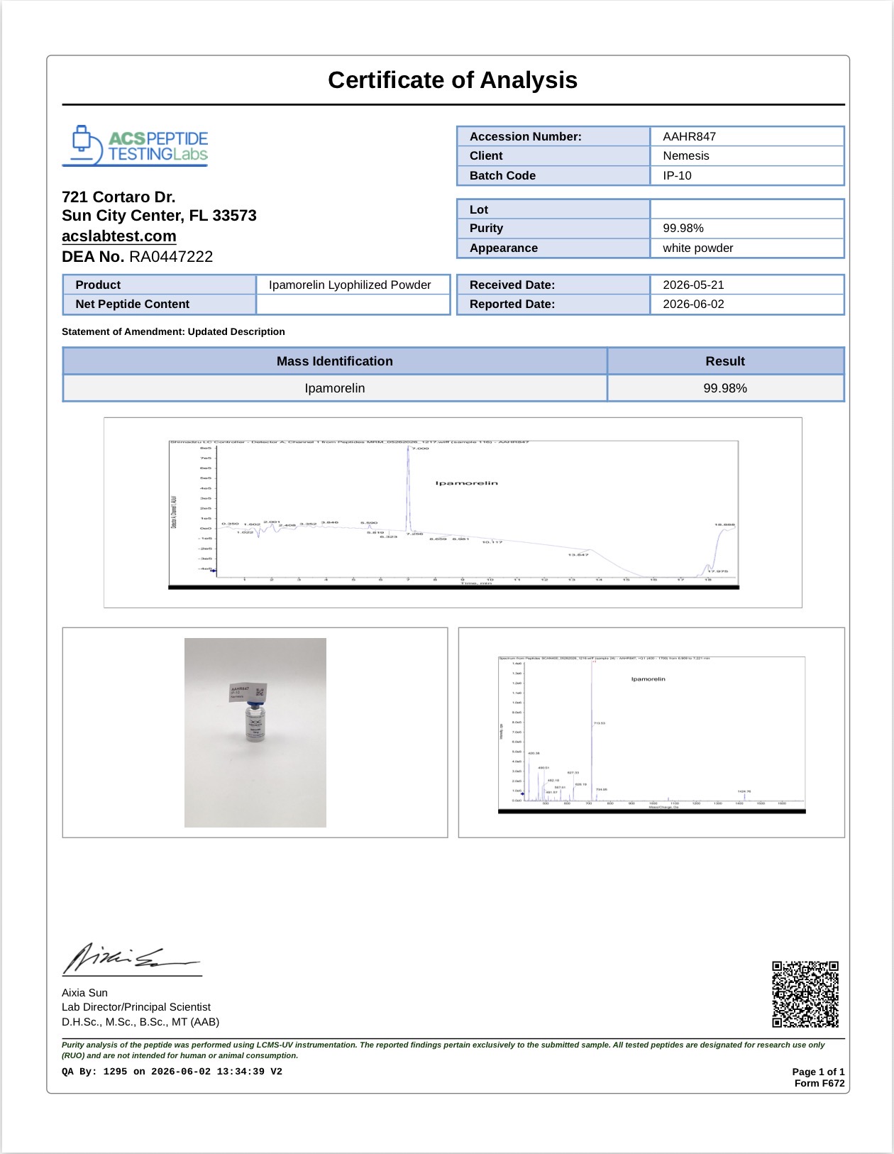Ipamorelin Certificate of Analysis purity test results — Nemesis Peptides