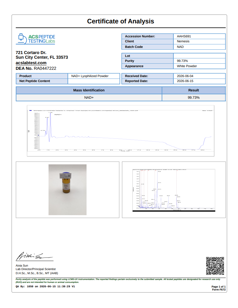 NAD+ Certificate of Analysis purity test results — Nemesis Peptides